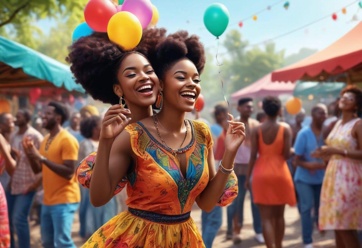 A lively scene capturing a vibrant outdoor party celebrating Black culture, featuring diverse people dancing joyfully in colorful outfits, with a backdrop of festive decorations and balloons, delicious food stalls, and rhythmic music notes floating in the air. The atmosphere is warm and inviting, radiating happiness and energy. super-realistic. vibrant colors. 3D.