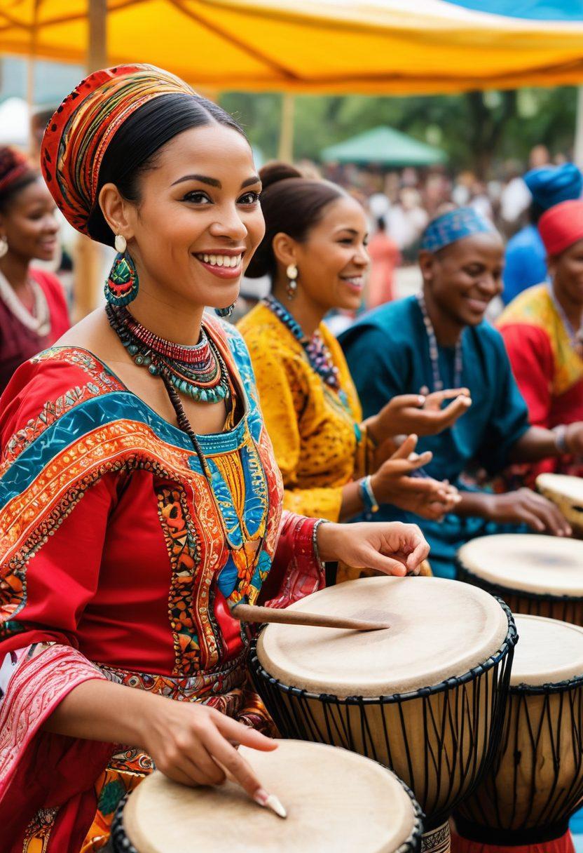 A vibrant scene depicting a lively community gathering with families and friends celebrating cultural festivities, featuring colorful traditional attire, African drumming, and a joyful atmosphere filled with music and dance. Include elements like face painting, unique crafts, and delicious traditional foods being shared. Showcase diverse individuals smiling and engaging, enveloped in rich cultural symbols. super-realistic. vibrant colors. lively background.