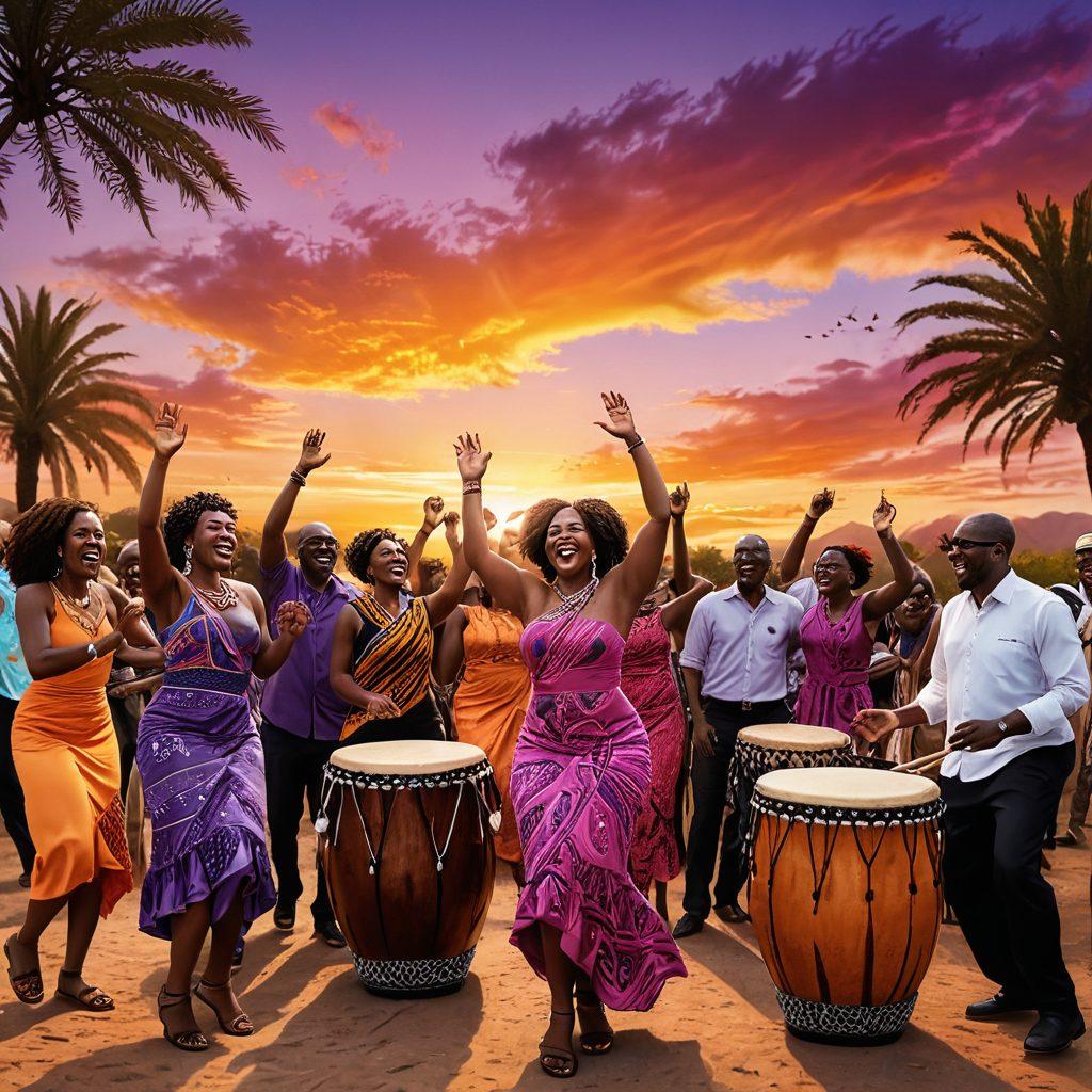 A vibrant outdoor scene showcasing a lively gathering of diverse people celebrating Black joy, dancing, and sharing laughter. Colorful decorations and African-inspired motifs are present, with music instruments like drums and guitars adding to the atmosphere. The background features a sunset sky filled with warm hues, symbolizing community spirit and togetherness. Super-realistic. Vibrant colors. 3D.